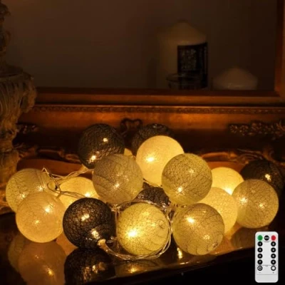 Image de Ciskotu Guirlande Lumineuse Coton Boules, 20 LED USB Dimmable Boule avec Télécommande et Minuterie, Intérieur pour Chambre Enfant Noël Fête (Gris)