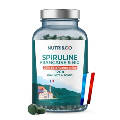Image de NUTRI &amp; CO Spiruline BIO 100% Française Cultivée en Provence 20% de Phycocyanine Riche Protéines Vitamine B12 Antioxydant 120 comprimés 500 mg Vegan Sans Excipients