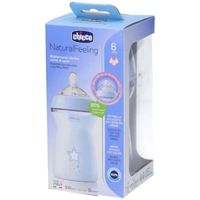 Image de Chicco Natural Feeling Biberon Anti Colique 6M plus 330ml avec Tétine en Silicone Flux Rapide Couleur Bleue
