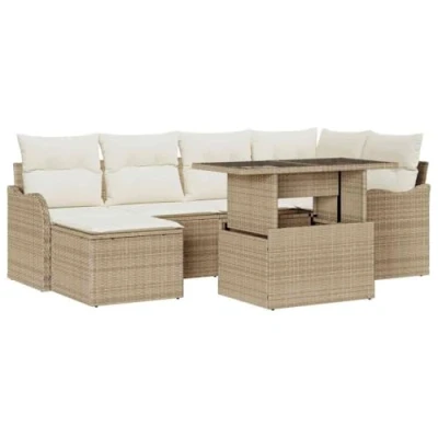 Image de Ensemble de canapés jardin 7 pièces vidaXL avec coussins en rattan poly beige 3357234
