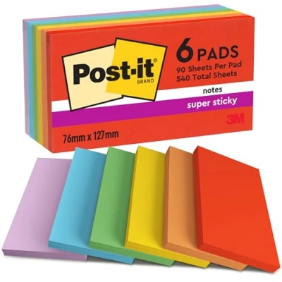 Image de Post it Super Sticky Notes, Couleurs Soulful, Pack de 6 Blocs, 90 Feuilles par Bloc, 76 mm x mm, Rose, Violet, Vert, Gris, Bleu Notes Adhésives pour Prise et Listes Tâches