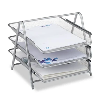 Image de Relaxdays Corbeille à documents en métal, bac courrier 3 compartiments, plateau de bureau design maille pour A4, argenté, 35,5 x 29,5 27 cm