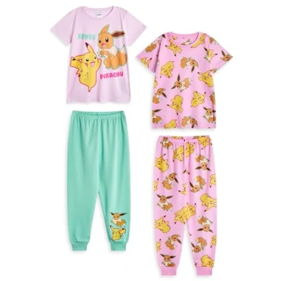 Image de Pokémon Ensemble Pyjama pour Filles Haut à Manches Courtes Graphique Pikachu et Évoli Bas de Jambe Longue Enfants en Rose Vert Personnage All Over Print Nightwear