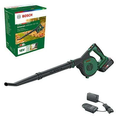 Image de Souffleur de Feuilles sans Fil Bosch UniversalLeafBlower 18V 130 (pour Le Nettoyage Rapide et Facile des Jardins, Allées Terrasses ; Système 1 Batterie 2,5 Ah Chargeur)
