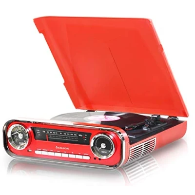 Image de Lauson 01TT17 Platine Vinyle Bluettoth Vintage Haut Parleurs Stéréo Intégrés Tourne Disque Bluetooth Radio FM USB AUX et Encoding Lecteur Vinyles 3 Vitesses 33, 45, 78 RPM (Rouge)