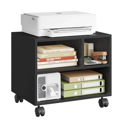 Image de WOLTU Caisson de Bureau sur roulettes, Support d&#039;Imprimante Mobile, Chariot Amovible pour Dossiers, Meuble Rangement avec 3 Compartiments Ouverts, 40x30x35 cm, Noir, ASK06sz
