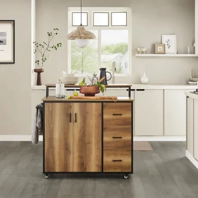 Image de SoBuy Ilot Central Placard de Cuisine Buffet Rangement Armoire Multi rangements avec 2 Portes, 3 Tiroirs, 1 Porte Serviettes et étagère supplémentaire 113x69x106 cm, KNL02 PF