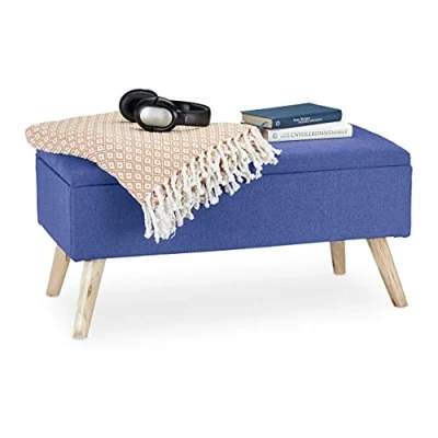 Image de Relaxdays, Banc rembourré Bleu avec Espace de Rangement, Pieds en Bois, Tissu, H x l P : 39,5 79,5 cm