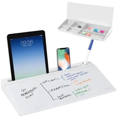 Image de VIVO DESK WB16A Tableau blanc en verre effaçable à sec avec rangement, compartiments cachés et fente pour appareil, 40,6 x 17,8 cm