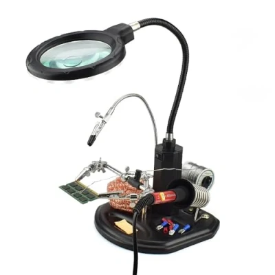 Image de MMOBIEL Troisième main Robuste avec Loupe 2.5X à 4X, Lampe LED, Support Fer souder Pinces et clips de soutien
