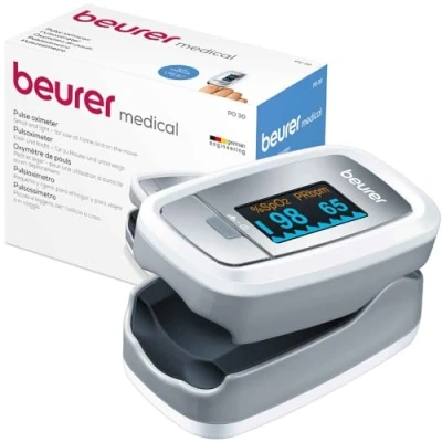 Image de Beurer PO 30 Oxymètre de pouls digital pour la mesure saturation en oxygène dans le sang et pouls, 61 x 36 32 mm, 57 gr, blanc argent