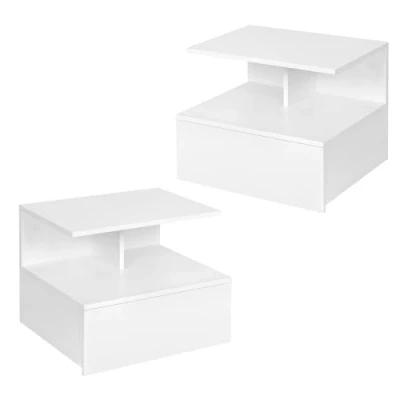 Image de WOLTU Lot de 2 Table Chevet Suspendue, Nuit Étagère Murale avec Tiroir et Compartiment Ouvert, Meuble Chambre Moderne en Bois, Lit 40x35x31 cm, Blanc, NTS03ws