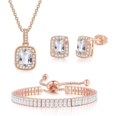 Image de FDEETY Parure Ensemble de Bijoux Femme Zirocon Cubique Mariée Pendentif Collier Bracelet Boucles D&#039;oreilles Prom Fiançailles (Or Rose)