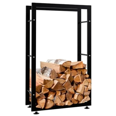 Image de CLP Porte bûches pour Bois De Cheminée Keri V2 en Métal Noir I Chaminée Solide Et Moderne Support Bûches, Couleur:Noir, Taille:25x60x100 cm