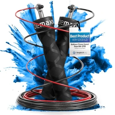 Image de Corde a Sauter Ajustable Jump Speed Rope + Livret d’Exercices &amp; Câble de Rechange 2 Câbles Acier Ajustables, Roulements à Billes Expert Poignées Antidérapantes Sport Fitness Skipping Boxe