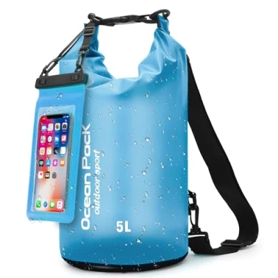 Image de Sac Étanche avec Pochette &amp; Sangles à Dos pour Outdoor, Camping Sports Nautiques 5L, 10L, 20L Léger Résistant Plage Paddle (Bleu, 5 L)