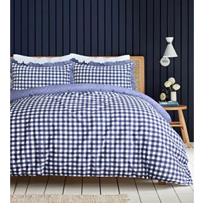 Image de Sleepdown Parure de lit avec Housse Couette et taies d&#039;oreiller à Volants Motif Vichy Bleu uni King Size (230 x 220 cm)