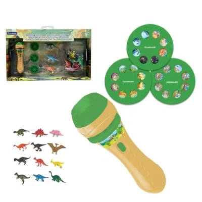 Image de Lexibook LTC045Z, Projecteur Lampe Torche, Invente 3 Histoires avec 24 Images, 12 Figurines de Dinosaures incluses, Jaune/Vert