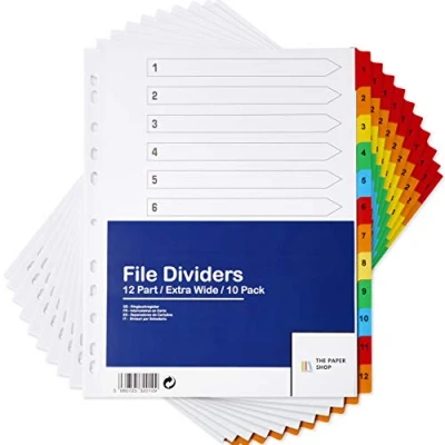 Image de [Lot de 10] Intercalaires Classeur A4+ extra larges 12 Positions large A4 numérotés multiperforés onglets couleur renforcés 150 g/m²
