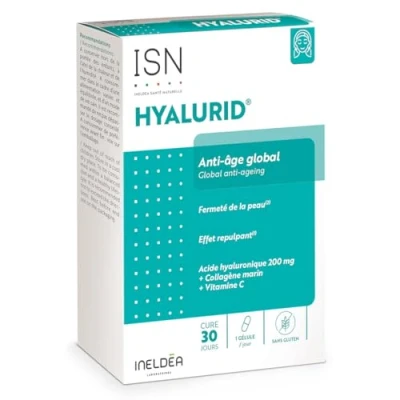 Image de ISN Hyalurid® Action anti âge globale Préserve la beauté et jeunesse de peau Fermeté &amp; élasticité Effet repulpant Acide Hyaluronique, Collagène marin, Vitamine C Cure 30 jours