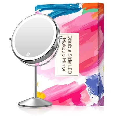 Image de Miroir de courtoisie avec lumières LED, 20,3 cm, Rechargeable, Double Face, grossissement 10x, éclairage 3 Couleurs, intensité Variable, cosmétique contrôle Tactile, Rotation à 360