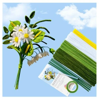 Image de YYUENG TAK Gerbera Daisy Lot de 200 cure pipes à fleurs pour fabrication fleurs, avec fil floral, ruban adhésif, instructions réaliser un bouquet (français non garanti), vert