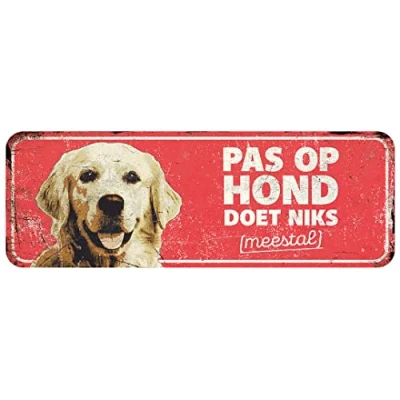 Image de D&amp;D Home, Panneau d&#039;avertissement Attention au Chien, 40x13x0,3 cm, Version néerlandaise, Fond Rouge, en métal résistant à la Rouille avec Un Texte Amusant