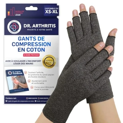 Image de Dr. Arthritis Gants Arthrose Conçus par des Médecins, gant de compression : Soulagement douleurs mains, Attelle Pouce Homme Femme pour Soutien Poignets [Taille XS, 1 Paire Mitaine]