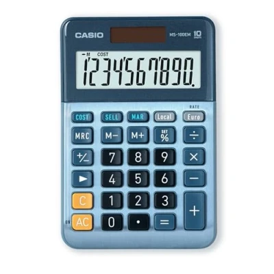 Image de Casio MS100EM Calculatrice de Bureau à 10 Chiffres énergie solaire/Batterie avec Calcul Pourcentage avancé, Conversion devises en euros Bleu