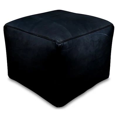 Image de See the Good Pouf Carré en Cuir Véritable Fait Main Vendu Rembourré Coussin de Sol, Ottoman, Repose Pieds (Noir)