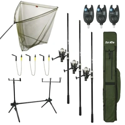 Image de FISH XPRO Karper Set Deluxe 3 Rod le kit de pêche plus complet Ensemble canne à la carpe noir Détecteurs morsure Échangistes Rodpod Supports arrière Foudrale Épuisette