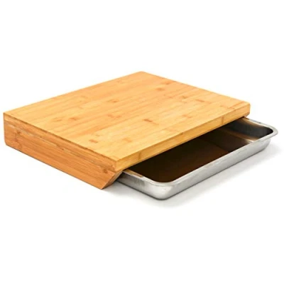 Image de DuneDesign XL Planche à Découper Bambou avec Tiroir 49x37x8 Cube en Bois Bamboo Réservoir INOX