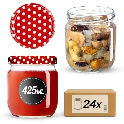 Image de KADAX Lot de 24 pots à confiture avec couvercle visser, 425 ml, pour confitures, miel, pois rouges