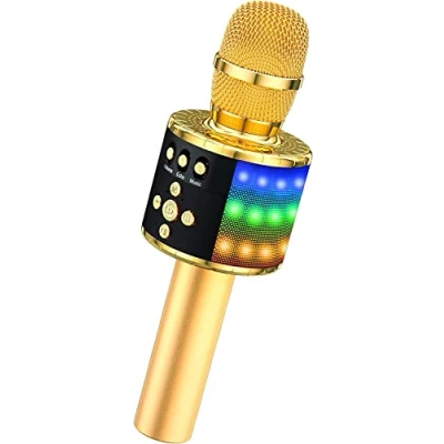Image de BONAOK Microphone sans Fil, Karaoké Enfant Bluetooth Lecteur Enregistreur Portable, Lumières LED Coloré de Fête Familial pour Appareil Intelligent Android/iOS Or