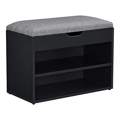 Image de [en.casa] Banc à Chaussures Design Étagère 2 Niveaux Meuble de Rangement pour 4 Paires avec Siège Rembourré Rabattable Panneau Particules Polyester Coton 46 x 60 30 cm Noir Gris