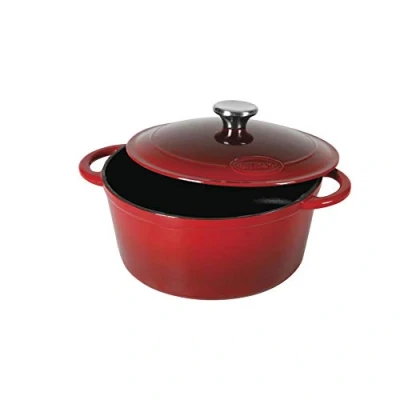 Image de Sitram 711069, Cocotte Tradifonte ronde en fonte émaillée 5 Litres Extérieur rouge, intérieur noir mat bouchon inox toutes sources de chaleur y compris induction et four