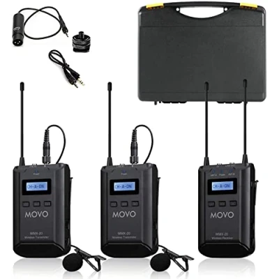 Image de Movo WMX 20 DUO Kit Microphone Lavalier sans Fil UHF 48 canaux avec 1 récepteur, émetteur et Micro Cravate Compatible Les appareils Photo Reflex numériques (portée Audio de 100 m)