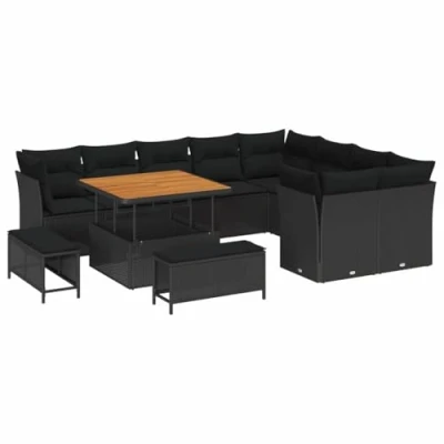 Image de Ensemble de canapé jardin vidaXL 12 pièces avec coussins en noir poly rotin acacia 3363464
