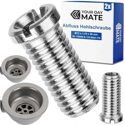Image de Lot de 2 vis creuses pour bonde à panier M12 x 1,75 30 mm Compatible avec Franke Pamira et Blanco Remplacement 133.0024.179 118446 En laiton Filetage fin