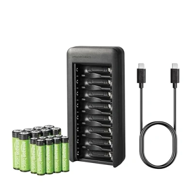 Image de Amazon Basics lot de 8 piles rechargeables NiMh AAA 800 mAh + AA 2000 mAh, avec chargeur à baies, sans adaptateur d&#039;alimentation CA, port USB C