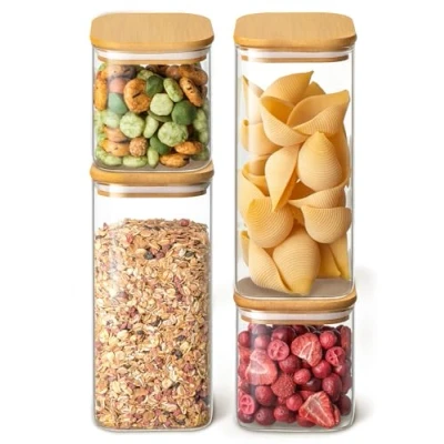 Image de Praknu 4 Bocaux en Verre Carrés avec Couvercle Bambou Hermetiques Réutilisable 6 Joints Lavable au Lave vaisselle