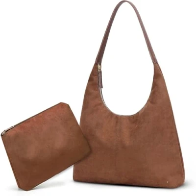 Image de Sac Porté Épaule Femme en Daim Cuir Souple Fourre Tout Rétro Grande Capacité a Main Hobo Bandoulière avec Fermeture Éclair 2Pcs Set (Brun)