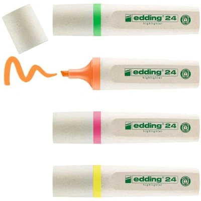Image de edding 24 EcoLine Surligneur Étui de 4 Jaune, orange, rose, vert Pointe biseautée 2 5 mm pour marquer et surligner textes, notes facilement rapidement rechargeable, en matériau recyclable