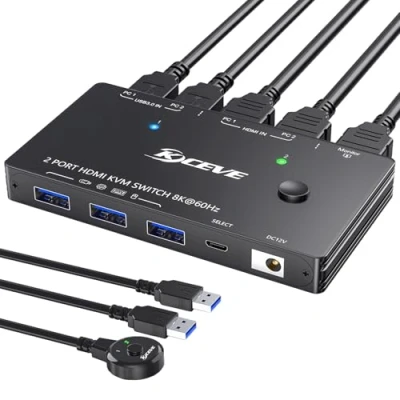 Image de KVM Switch HDMI 2 ports 8K@60Hz/4K@120Hz,KVM pour ordinateurs partagent 1 moniteurs et 3 hub USB 3.0, contrôleur de bureau câble inclus