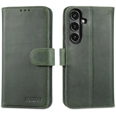 Image de LENSUN Coque pour Samsung Galaxy S24, Housse en Cuir Véritable, Portefeuille [RFID Blocage] avec Rangements Cartes Étui Compatible S24 5G Vert Rétro