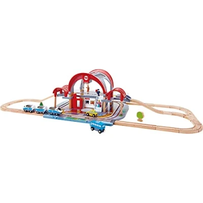 Image de Jouet Hape Grande Gare Urbaine pour Circuit Train Bois Jeu de 45 pièces Système d&#039;Imitation avec Lumière &amp; Enregistreur Enfant dès 3 ans Compatible Circuits Marques Traditionnelles