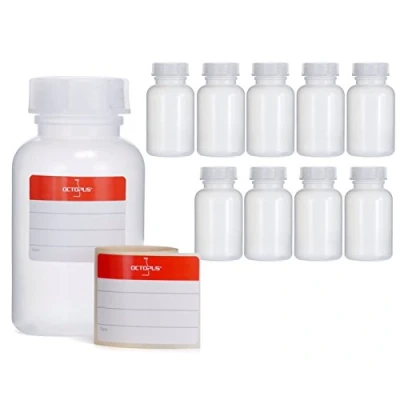 Image de 10 flacons à col large de 250 ml en PEPD avec fermeture vis, produits chimiques vides, bidons laboratoire couvercle comme récipient stockage pour laboratoire, cuisine ou loisirs