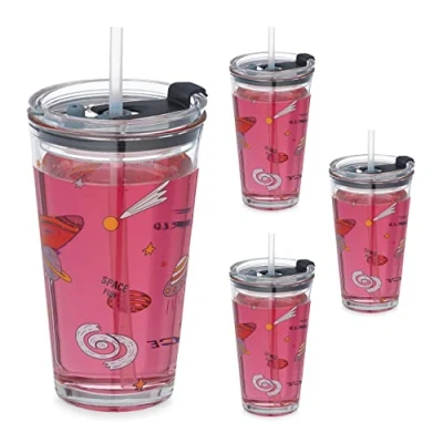 Image de Relaxdays Lot de 4 Verres pour Enfants, Motifs sur Le thème l’Espace, Couvercle &amp; Paille, Volume: 450 ML, Transparent