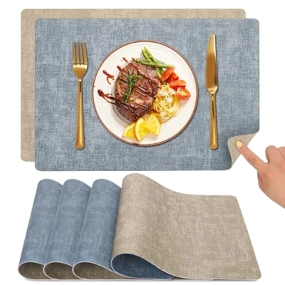 Image de Set de Table Myir JUN, Sets Lavable Double Face Bicolore en Cuir, Antidérapants Faciles à Nettoyer (Brun/Bleu Clair, Lot 4)