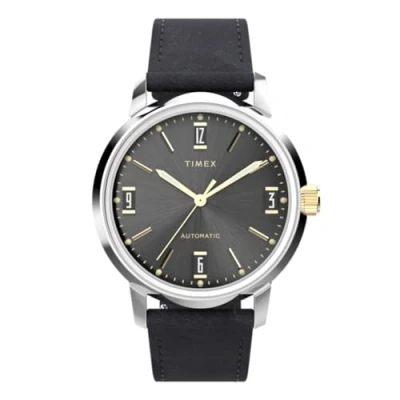 Image de Timex Marlin Automatic Montre pour hommes, 40 mm, bracelet en cuir noir à ouverture rapide, deux pièces, cadran noir, boîtier acier inoxydable TW2W33900